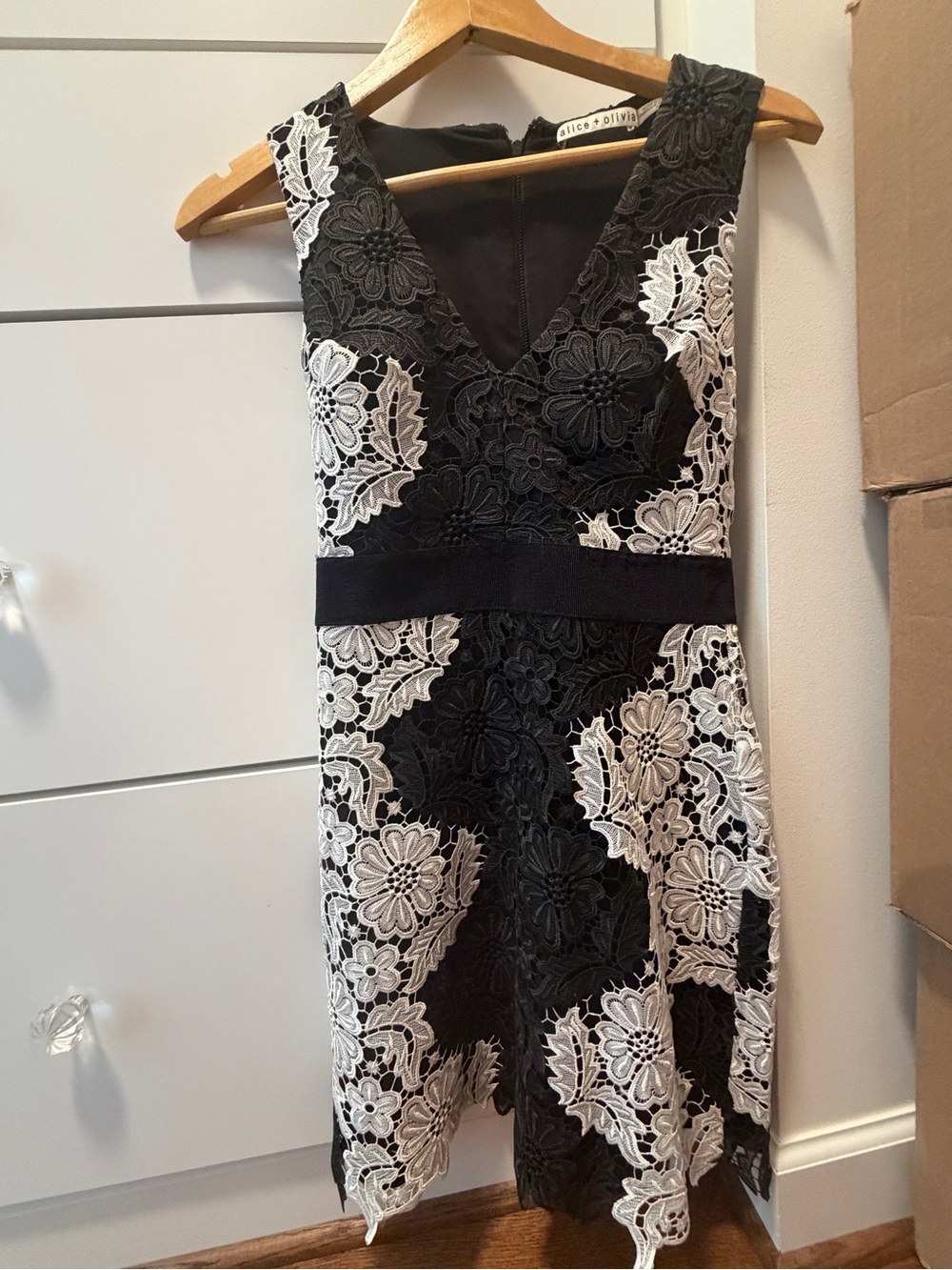 Alice + Olivia Black Dress with White Floral Lace Midi